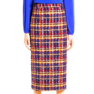 Halogen Navy and Orange Plaid Tweed Pencil Skirt